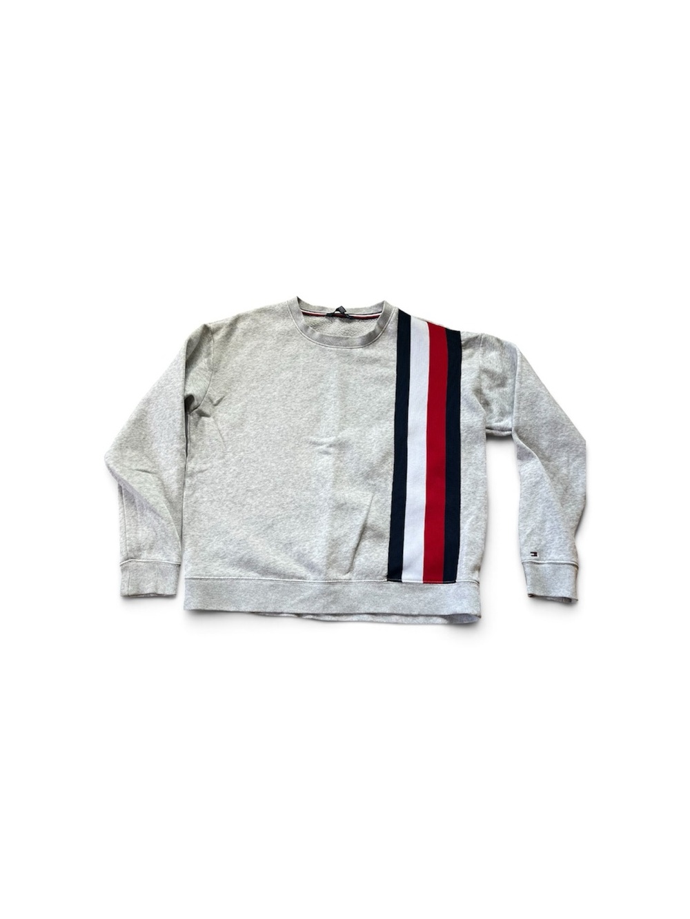 Tommy Hilfiger Light Gray Crewneck Sweatshirt with Red, White & Navy Stripes